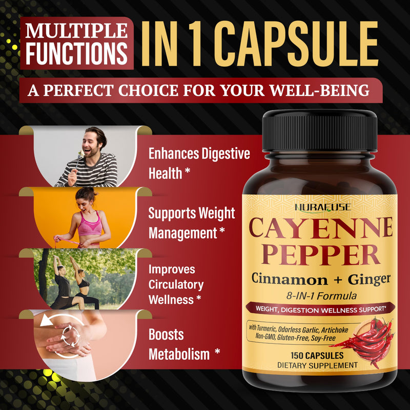 [Australia] - Cayenne Pepper 8-in-1 Formula - with Cinnamon, Ginger Turmeric, Odorless Garlic, Artichoke Non-GMO, Gluten-Free, Soy-Free 150 count (pack of 1) 