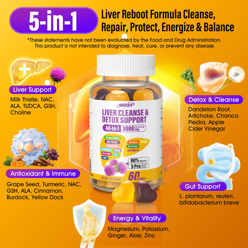 [Australia] - Liver Cleanse Detox & Repair Gummies - 29-in-1 1500mg Milk Thistle Supplement with Beetroot Dandelion Artichoke, Vegan Gummy with NAC TUDCA Vitamins Supports Immune, Boosts Energy, Gut Health, 60 ct 
