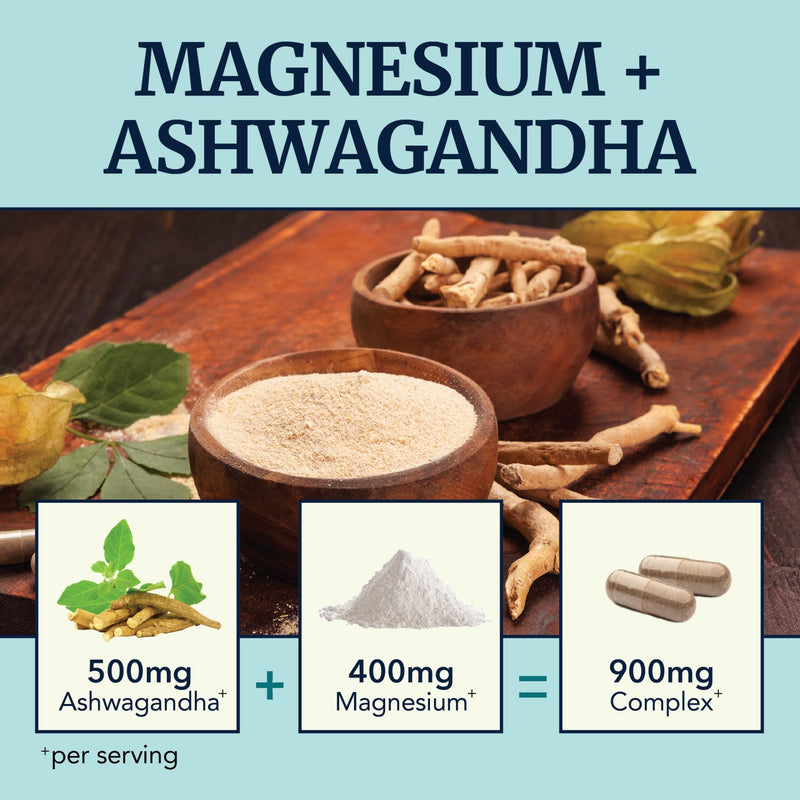 Magnesium Ashwagandha | Stress Relief & Rest for Adults | Relax, Reset, Support Calm Mood & Muscle Health with Magnesium Citrate & Oxide 400 mg + Ashwagandha 500 mg | Calming Supplements | 120 Ct 120 count (Pack of 1)