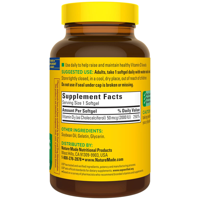 Nature Made Vitamin D3 2000 IU (50 mcg), 250 Vitamin D Softgels | Vitamin D Supplement for Immune, Bone, Teeth and Muscle Health Support, 250 Day Supply 250 Count (Pack of 1)