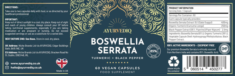 Ayurvediq Boswellia Serrata and Turmeric with Black Pepper Piperine Capsules – 60 Vegan Organic Turmeric Curcumin Capsules a Natural Anti Inflammatory Supplement Joint Support - Ayurvedic Products