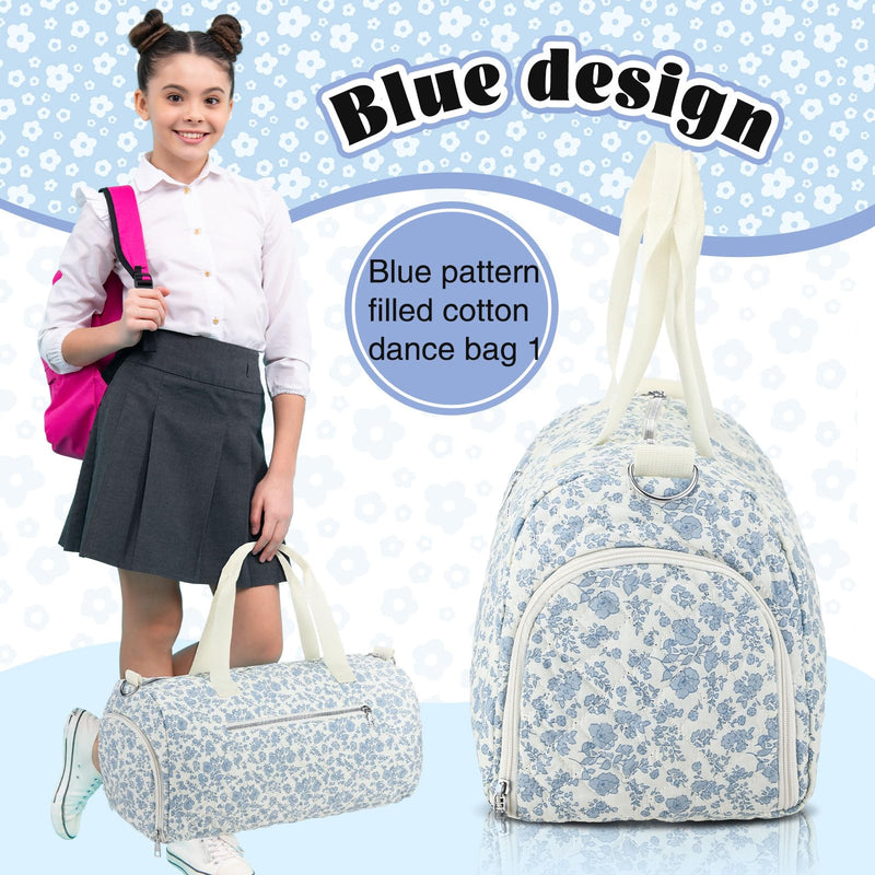 Dansydaisy Blue Floral Quilted Duffle Bag for Women Cotton Large Floral Travel Duffle Dance Bag with Adjustable Carry Strap and Handy Pouch Backpack for Dancers Travel