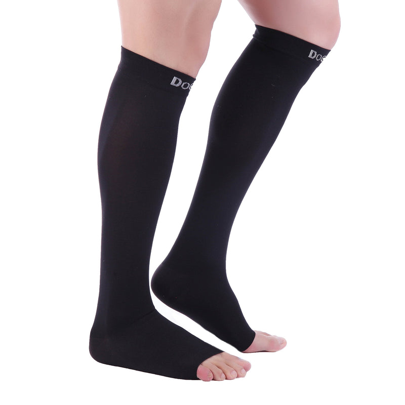 Doc Miller Open Toe Compression Socks, 30-40 mmHg, Toeless, Support Circulation, Medical Grade, Socks, Men & Women, Pair Large Black