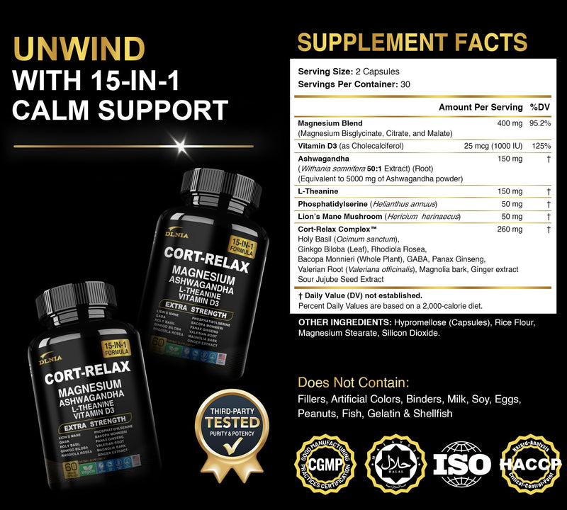 [Australia] - Super Calm Cortisol Supplement with Magnesium Glycinate, Ashwagandha KSM-66, L-Theanine, Phosphatidylserine, Ginkgo Biloba & Lions Mane for Calm, Focus, Mental Clarity, Relaxation, Sleep, Energy 