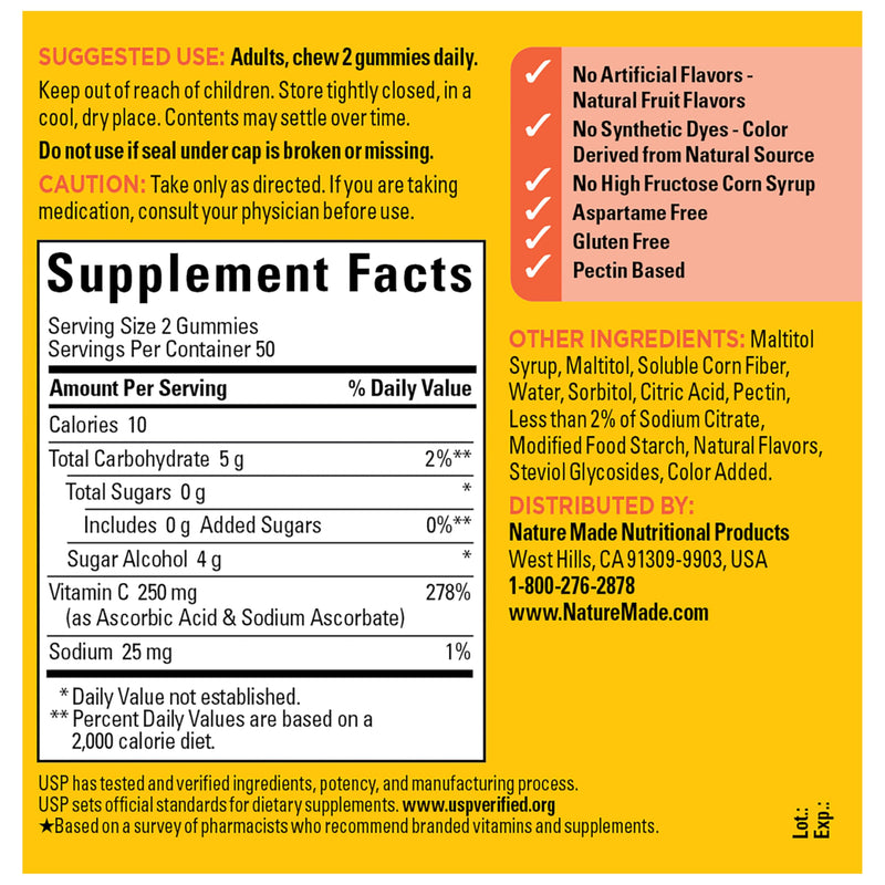 Nature Made Zero Sugar Vitamin C Gummies 250 mg per Serving, 100 Gummies | Sugar Free Vitamin C Gummies for Immune and Antioxidant Support, Aspartame Free, Orange Citrus Flavor, 50 Day Supply 100 Count (Pack of 1)