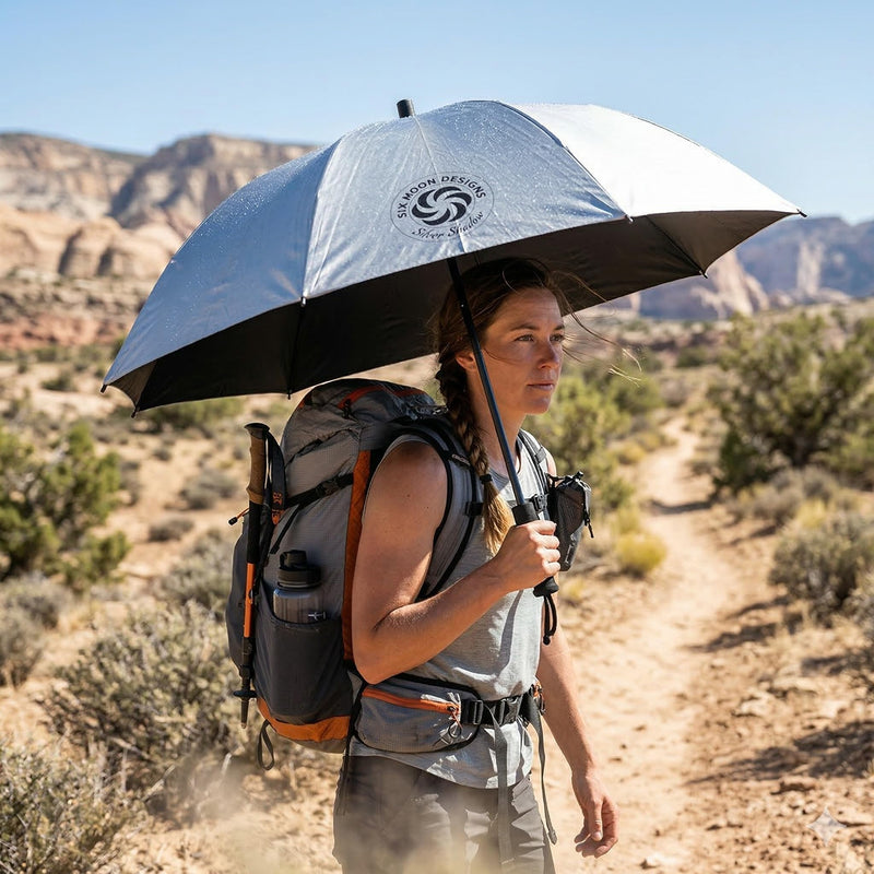 Six Moon Designs Silver Shadow Hiking Umbrella - UPF 50+ Sun & Rain Protection - Ultralight 8.9 oz Fiberglass Frame - Durable Reflective Trekking Umbrella for Backpacking, PCT, and Desert Travel