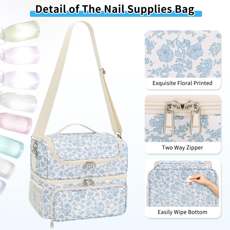 CUBETASTIC Nail Polish Organizer & Storage Bag for 48 Bottles & Full-Size Lamp, Double-Layer Travel Case Box for Nail Supplies, Manicure Kit & Pedicure Tools (Blue Floral, 48 Slots) Blue Floral
