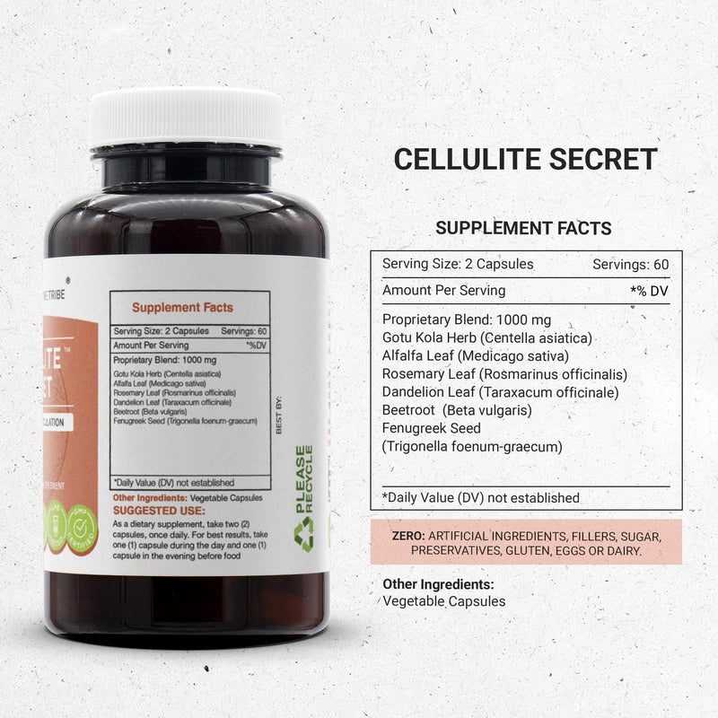 Secrets of the Tribe Cellulite Secret 120 Capsules, 1000 mg, Gotu Kola, Alfalfa, Rosemary, Dandelion, Beet Root, Fenugreek Metabolism/Circulation (120 Capsules) 120 Count (Pack of 1)