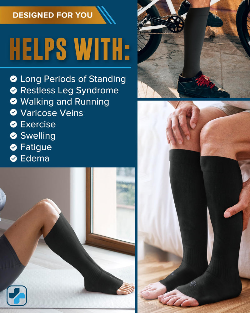 [Australia] - Doctor's Select 3 Pairs Copper Toeless Compression Socks for Men - 20-30 mmHg Open Toe Compression Socks Women, Toeless Socks, Knee High, Black Black - 3 Pairs Large-X-Large 