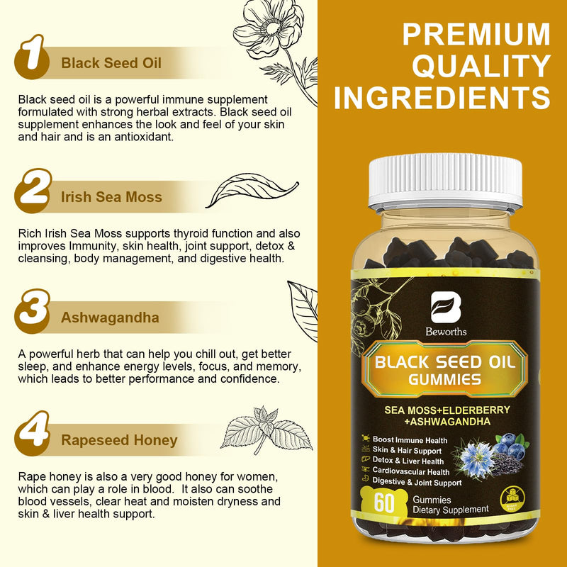 [Australia] - Black Seed Oil & Sea Moss Gummies, Organic Irish Sea Moss Gummies with Ashwagandha, Black Seed Oil, Elderberry, Turmeric, Vitamin D3/C and Zinc - Support Joints, Digestion, Hair & Skin 60 Count (Pack of 1) 