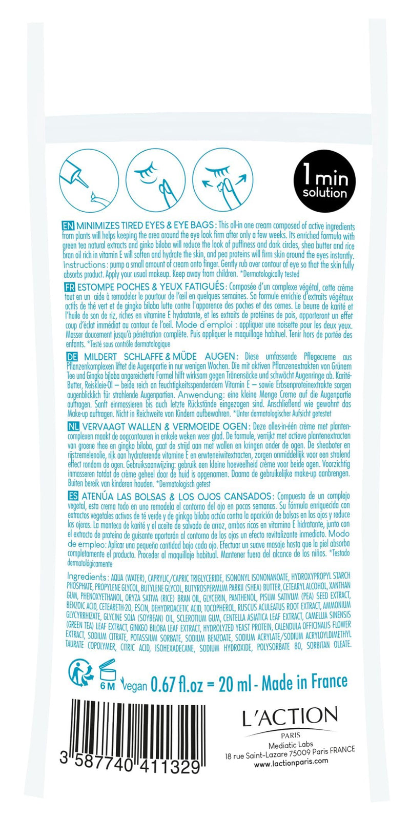 L'Action Paris All In One Eye Bag Minimiser, Natural Plant Based Cream Minimises Tired Skin and Eye Bags, Vitamin E Softens and Hydrates, Youthful Complexion, 20ml