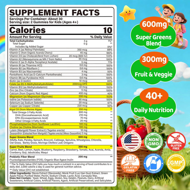 Kids Super Greens Gummies, w/Multivitamins, 20+ Veggie Fruit, Prebiotics | Kids Vitamins Greens Superfood Gummies + Calcium, Omega-3 (DHA/EPA)，for Picky Eater Growth, Energy, Immune, Digestion, 1 Pack 60 Count (Pack of 1)