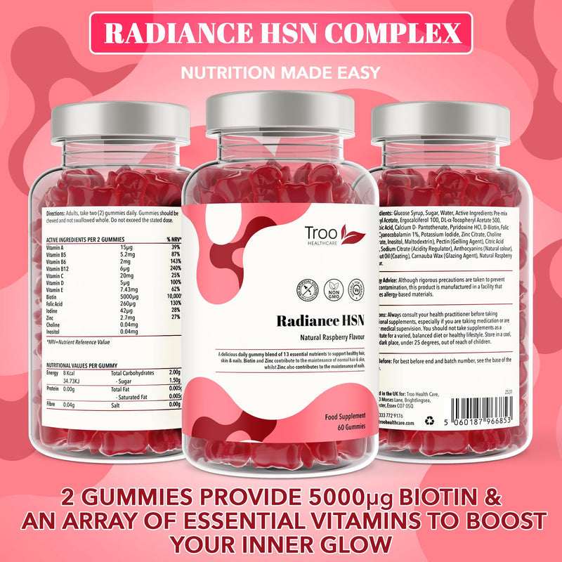 Troo Health Care Radiance HSN 60 Raspberry Flavour Gummies - Advanced Hair Skin & Nails Supplement for Men & Women - 13 Essential Nutrients Inlcuding Biotin 60 count (Pack of 1)