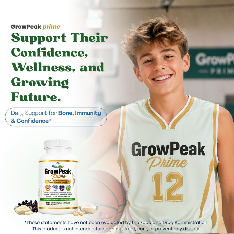 GrowPeak Prime 16-in-1 Kids & Teens Growing Years Formula | Bone & immune support, calcium, D3, K2, magnesium, zinc, bovine colostrum, elderberry, non-GMO, made in USA, 60-day supply
