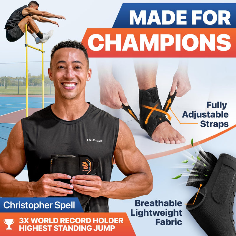 [Australia] - Dr. Brace®️ Breathable Ankle Brace For Sprained Ankle, Slim Fit. Unique Multi-Function Removable Stabilizer- Quick Lace Up Ankle Support for Women Men, Easy to use for Injury, Sprain, Sports (Black, Medium) Black 