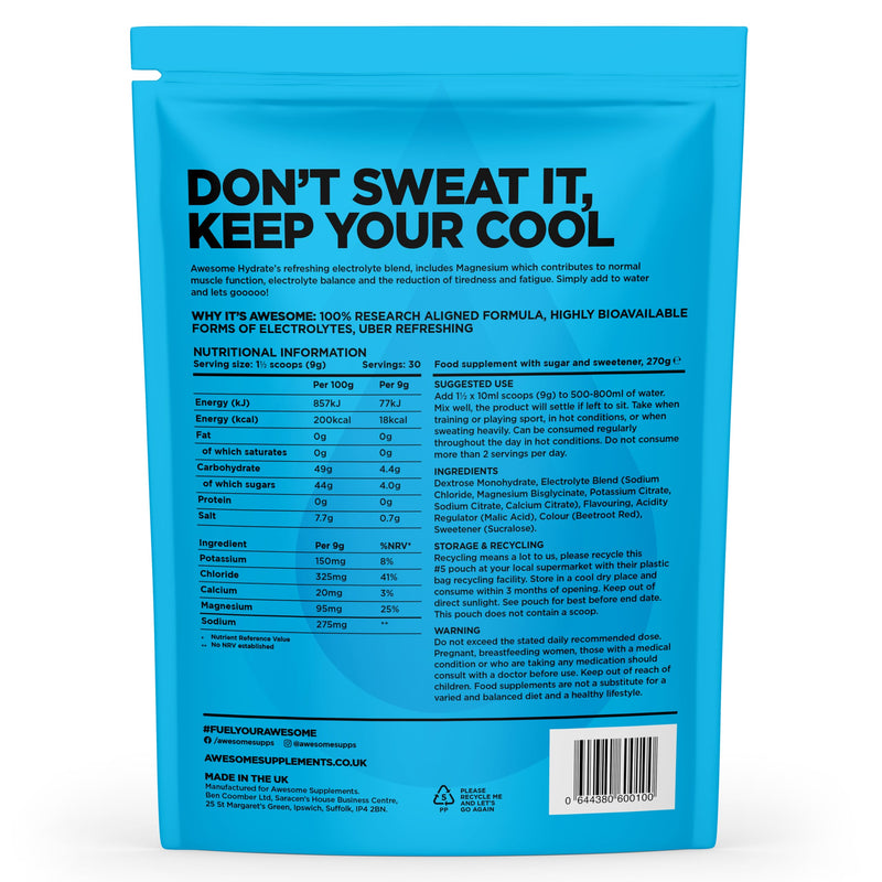 Awesome Hydrate – Vegan Electrolytes Powder – 270g Instant Electrolytes Powder – Sodium, Zero Calorie, Potassium Supplements – Vegan & Gluten-Free Hydration Supplement – (Watermelon Flavour, 270g Watermelon