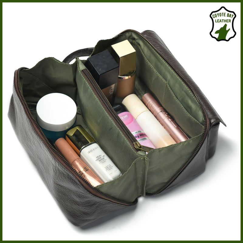 Coyote Bay® Flypouch Premium Full Grain Soft Leather Toiletry Bag, Large 9 Inch, Makeup Bag, Travel Organizer Pouch, Shaving Kit, Cosmetics Toiletry Bathroom Organizer (Brown, Large) Brown
