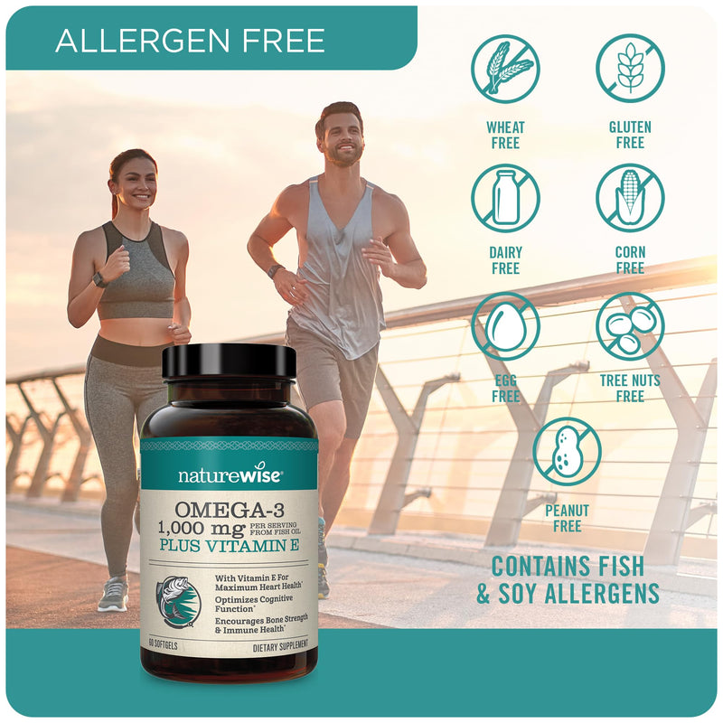 [Australia] - NatureWise Extra-Strength Omega 3 Fish Oil Supplement - 1000mg per Serving - 600 EPA & 400 DHA and Vitamin E - Support for Heart & Brain Health - Lemon Flavor, Non-GMO - 60 Softgels[1-Month Supply] 60 Count (Pack of 1) 