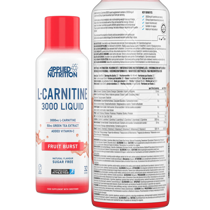Applied Nutrition L Carnitine 3000 Liquid - L-Carnitine with Green Tea & Vitamin C, Boosts Energy & Weight Management, Vegan (480ml - 32 Servings) (Fruit Burst) Fruit Burst 480 ml
