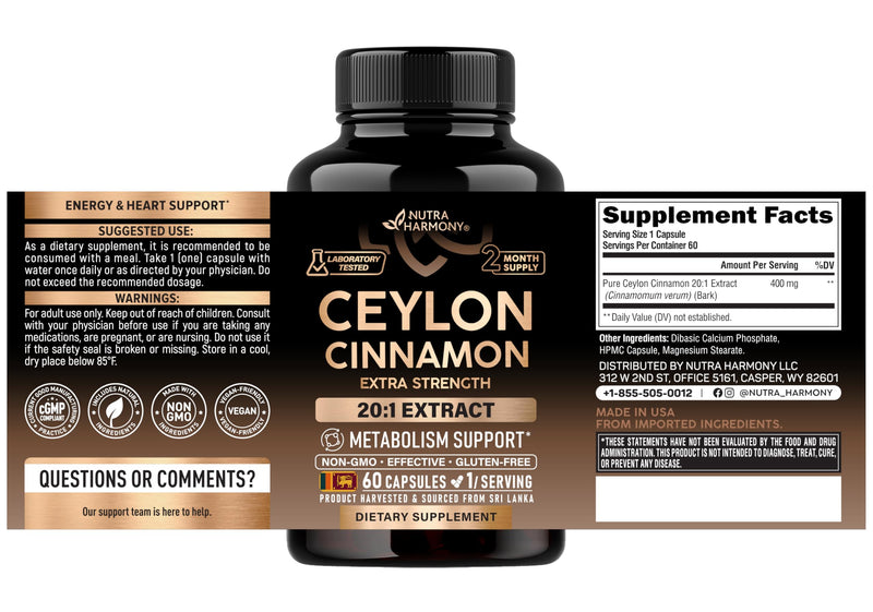Ceylon Cinnamon Capsules - Energy Heart & Metabolism Support - 60 Capsules | Pure Natural Cinnamon Supplement for Men & Women - Extra Strenght 20:1 Extract - GMO & Gluten-Free - 2-Month Supply 60 Count (Pack of 1)