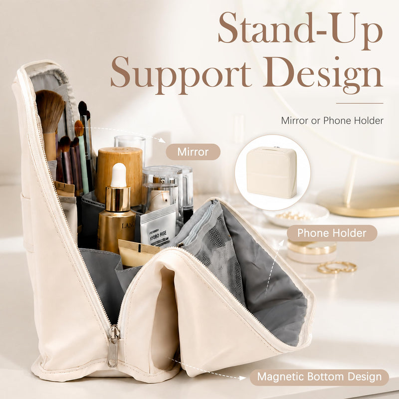 Travel Makeup Bag with Mirror and Phone Holder, Large Capacity Standing Cosmetic Bag for Women, Wide-Open Waterproof PU Leather Toiletry Bag with Divider and Luggage Strap for Skincare and Travel White