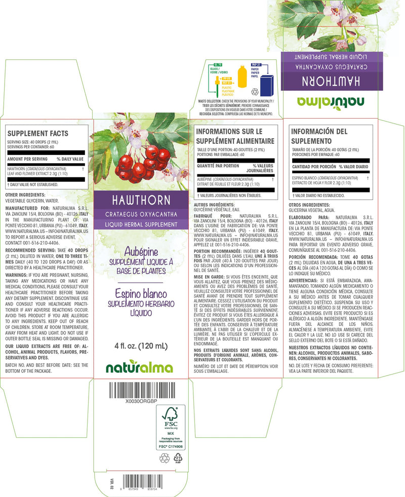 [Australia] - Naturalma Hawthorn (Crataegus oxyacantha) leaf and flower Alcohol-free Tincture - 4 fl oz Liquid extract in drops - Herbal supplement - Vegan 4 Fl Oz (Pack of 1) 