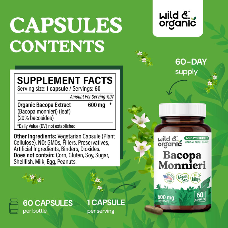 [Australia] - Wild & Organic Bacopa Capsules 600 mg - Brain Support - Natural Bacopa Monnieri Supplement - Brahmi Capsules - 60 Days of Supply - Vegan, No Fillers, Non-GMO - 60 Count 