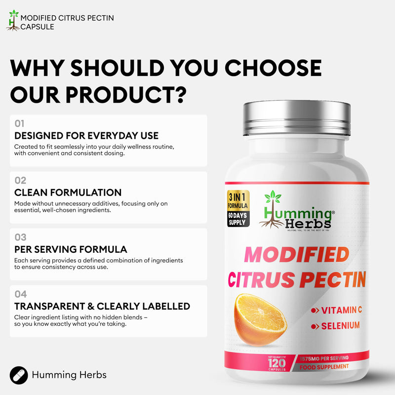Humming Herbs Modified Citrus Pectin 1500 mg per Serving with Vitamin C & Selenium | 120 Vegan Capsules | 60 Day Supply