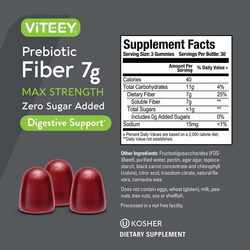 Viteey Prebiotic Fiber Gummies for Adults, 7g | Gut Health & Digestive Soluble Fiber Supplement Gummies - Zero Sugar Added, Vegan, Gluten-Free - 180 Count 90 Count (Pack of 2)