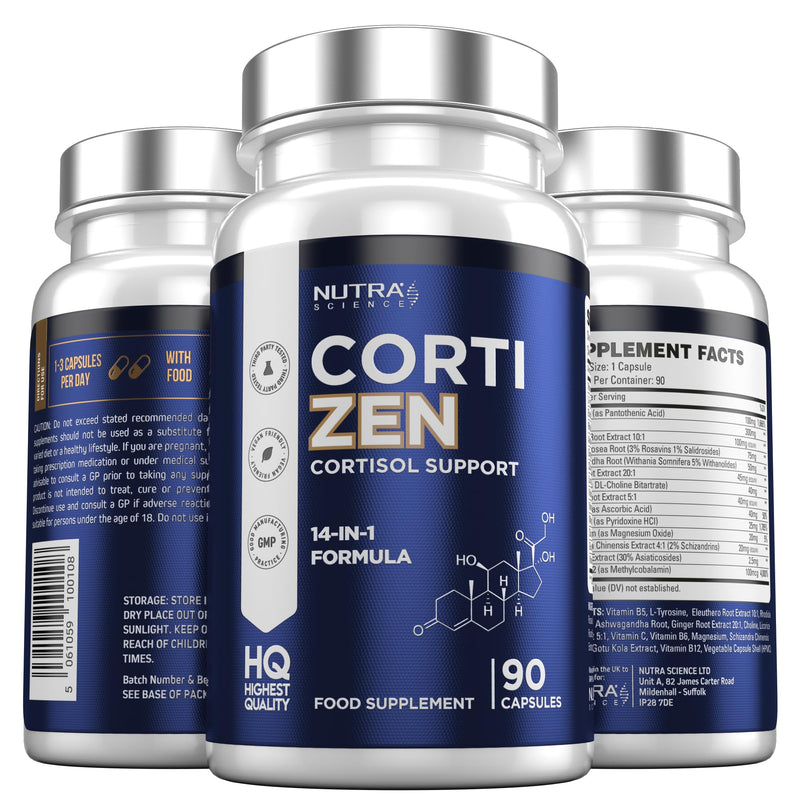 CortiZen High Strength 14 in 1 Cortisol Reducing Supplements - 3 Month Supply Cortisol Support with Rhodiola Rosea, Ashwagandha 90 Vegan Capsules