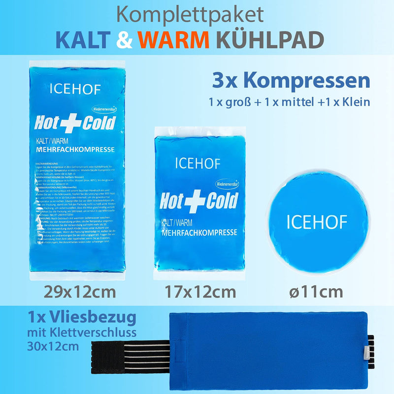 [Australia] - ICEHOF cooling pads (3x) with fleece cover - including Velcro strap - cuddly soft, long cooling time, cooling pack gel cold pack cooling gel cooling compress cooling pad cooling compresses cooling bag ice pack cold compress blue 
