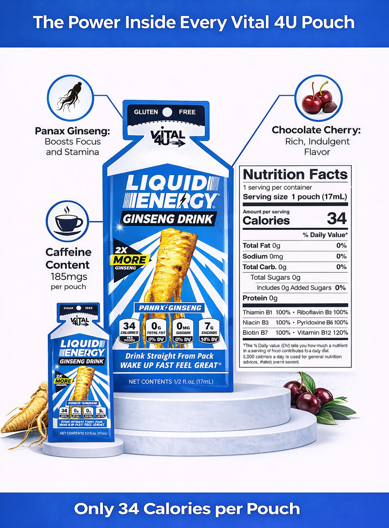 VITAL 4U® Liquid Energy - Ginseng Energy Shot with Panax Ginseng Extract, B Vitamins, Natural Sugar and Flavor, Chocolate Cherry Flavor, 24 Count