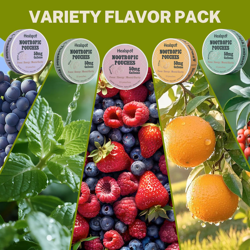 Nootropic Caffeine Pouches, Energy Pouches with 50mg Caffeine | Taurine | Vitamin B12 | Alpha-GPC | L-Theanine, Focus and Energy Supplements Variety Packs 5 Flavors