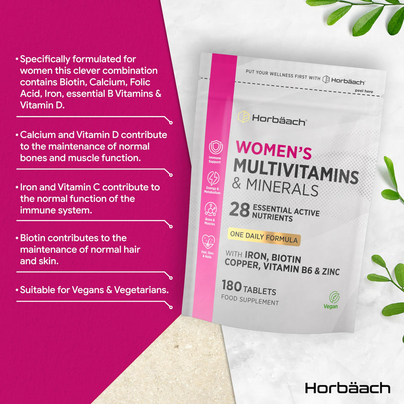 Womens Multivitamins and Minerals | 28 Essential Active Nutrients with Iron, Biotin, Copper, Vitamin B6, Zinc & More | 180 Vegan Tablets - 6 Month Supply | by Horbaach