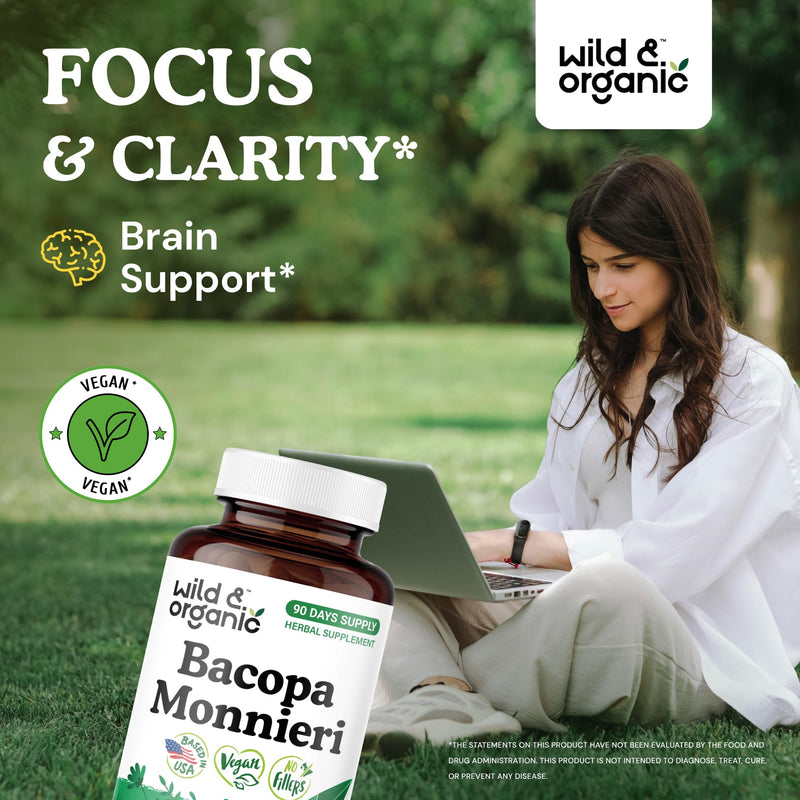 [Australia] - Wild & Organic Bacopa Capsules 600 mg - Brain Support - Natural Bacopa Monnieri Supplement - Brahmi Capsules - 90 Days of Supply - Vegan, No Fillers, Non-GMO - 90 Count 