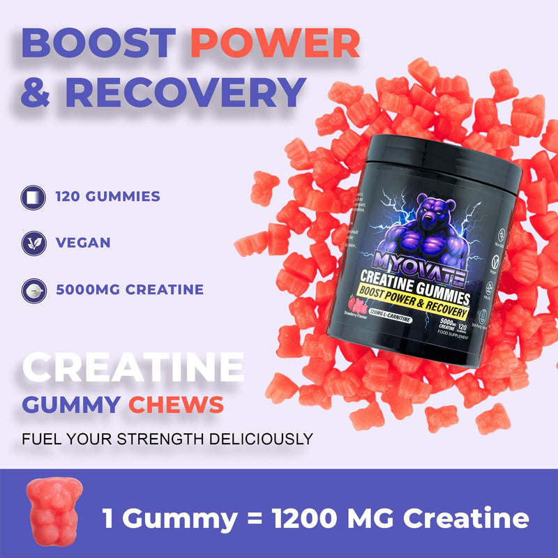 120 Creatine Gummies 5000mg with L Carnitine - Boosts Muscle Growth, Strength, Power, Endurance, Reduces Fat, Enhances Recovery, Vegan, Halal, Non-GMO, Strawberry Flavour