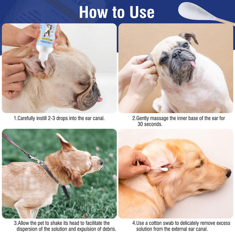 Ear Cleaner for Dogs and Cats 4 oz, Gentle and Non Irritating Dogs Ear Infection Treatment, Itch Relief Pet Ear Drops,Dog Ear Wash Removes Wax, Odor with 10 Cotton Swabs - PawsPlanet Australia