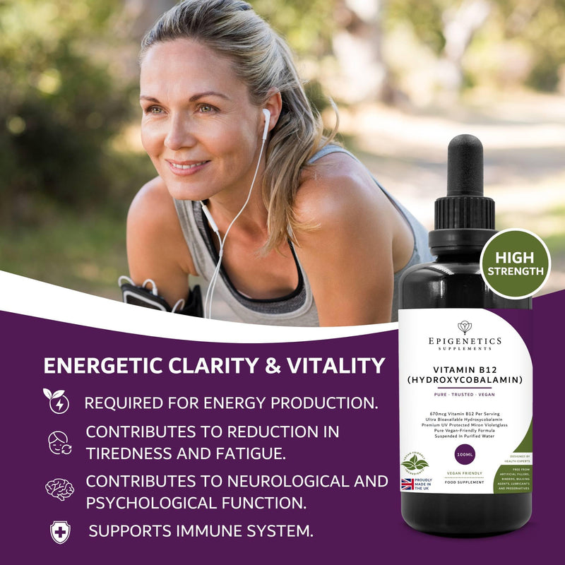Vitamin B12 High Strength Hydroxycobalamin | 100ml Supplement Liquid Drops | 4 Months Supply, 133 Servings. Vitamins for Tiredness and Fatigue | UK Made & Vegan