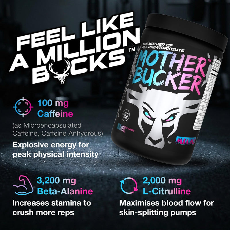 Bucked Up Mother Bucker Pre-Workout Powder | Caffeine, Energy & Endurance Blend | Sugar Free, Keto Friendly | No Proprietary Blends | Miami Flavour | 40 Servings