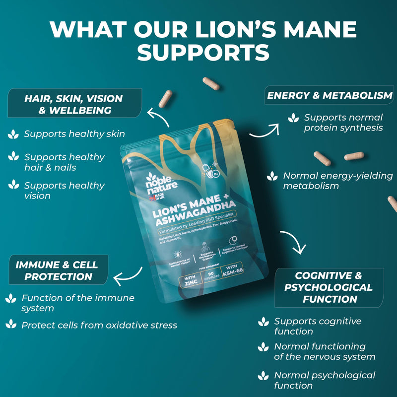 Ashwagandha KSM-66 & Lion’s Mane 7000mg – High Strength 4-in-1 with Zinc & Vitamin B1 – 3000mg Ashwagandha + 4000mg Lion’s Mane – 90 Capsules – UK Made by Noble Nature PhD Formulated