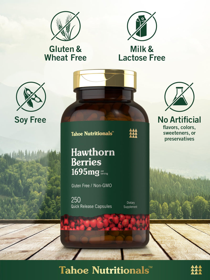 [Australia] - Tahoe Nutritionals Hawthorn Berry Capsules | 1695mg per Serving | 250 Count | Extract Supplement for Women and Men | Non-GMO, Gluten Free Extract 