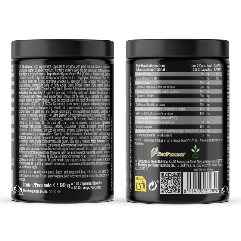 Weider Ultra Burner 120 caps, Powerful thermogenic Formula, with Plant extracts and Caffeine, L-Carnitine, Chromium and Vitamin B6, 100% Vegan