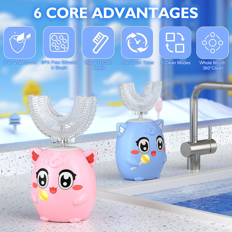 Kids Electric U Shaped Toothbrush Children Rechargeable Sonic Toothbrush with 6 Soft Brush Head Automatic Full Mouth 6 Cleaning Modes - (Age 8-15 Yellow) Yellow Pd