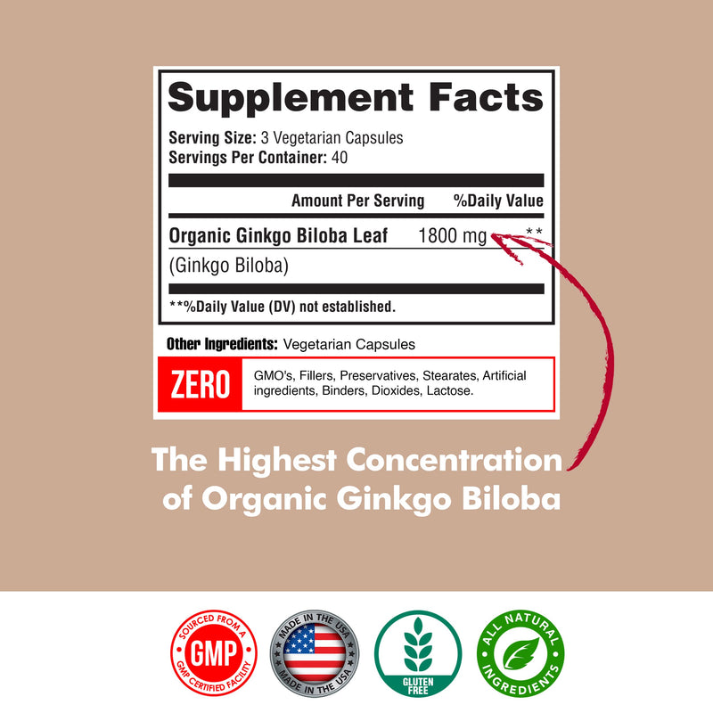 [Australia] - Ginkgo Biloba 1800mg, Ginkgo Biloba Organic, Memory & Brain Function Support, Improves Concentration and Cognitive Support, Clarity, 120 Veggie Caps, Non GMO, 120Caps 