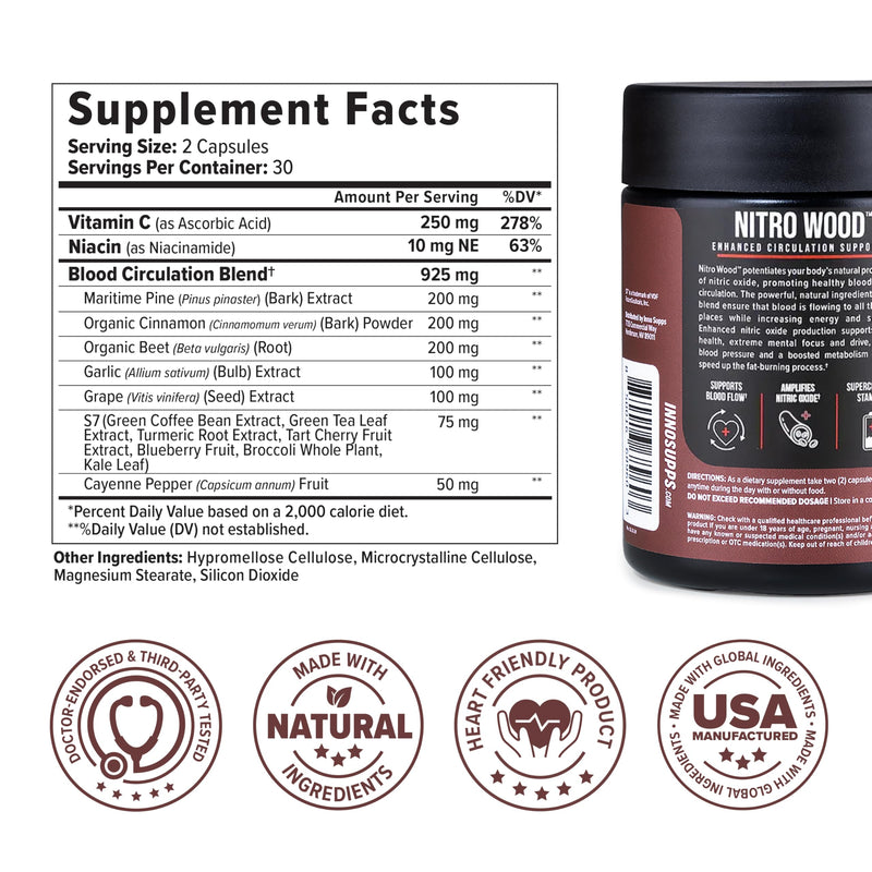 [Australia] - InnoSupps Nitro Wood - Supports Healthy Blood Flow | Nitric Oxide Supplement | Natural Immune Support | (60 Vegetarian Capsules) 