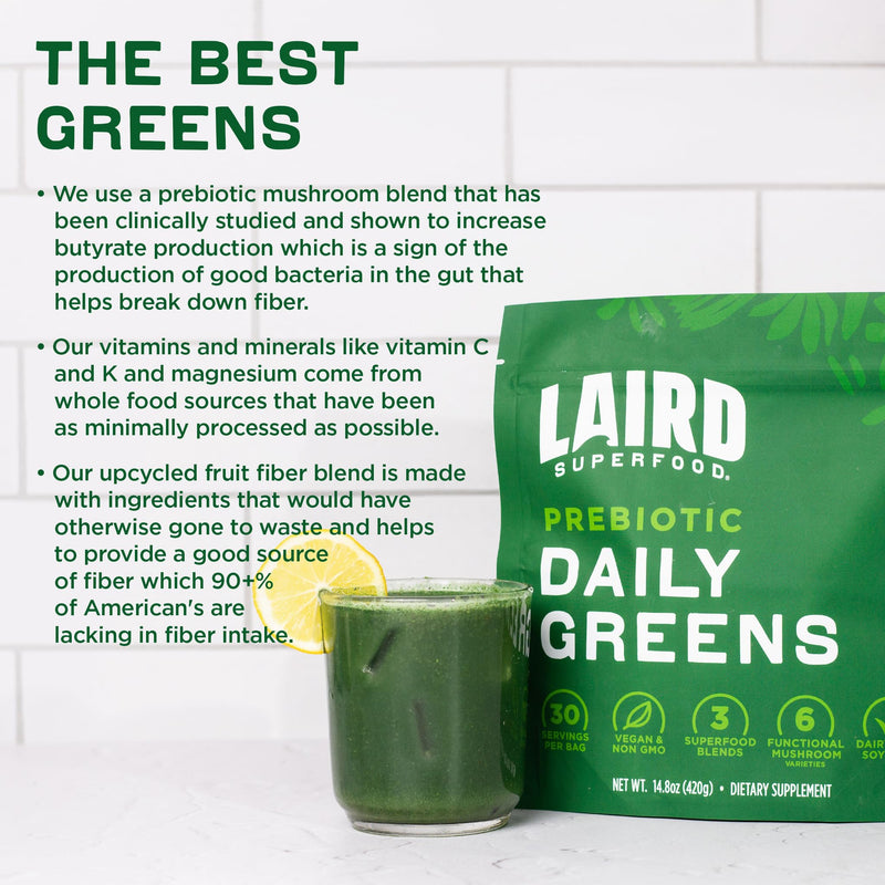 [Australia] - Laird Superfood Prebiotic Daily Greens Powder – Essential Vitamins & Minerals - Prebiotic Fiber, Adaptogen and Fruits & Vegetables – Supports Gut Health – Non-GMO, Vegan - 14.8 oz Bag, Pack of 1 Prebiotic Daily Greens Bulk 