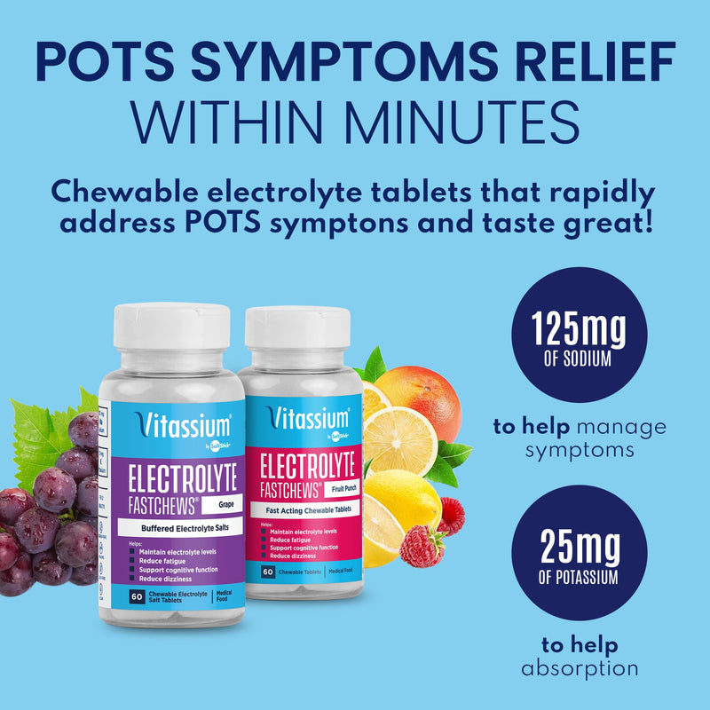 [Australia] - Vitassium FastChews, Chewable Electrolyte Tablets for Dietary Management of POTS Syndrome, Fast-Acting Sodium Tablets, Fruit Punch Flavor, 60 Count 60 Count (Pack of 1) 