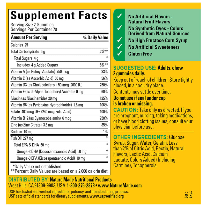 Nature Made Multivitamin + Omega-3, Multivitamin Gummies for Adults, 140 Ct | Adult Gummy Vitamins & Minerals, Multivitamin Gummies for Women and Men, Daily Nutritional Support, 70 Day Supply Strawberry, Lemon & Orange 140 Count (Pack of 1)