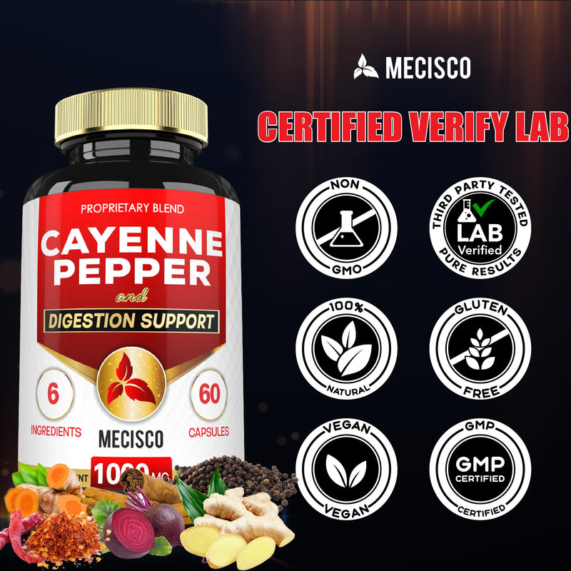 [Australia] - 6in1 Cayenne Pepper Capsules Organic with Ginger Root, Beet Root, and Black Pepper and More - 60 Capsules - Cayenne Supplement Supports Digestion System, Immunity & Joint Health 60 Count (Pack of 1) 