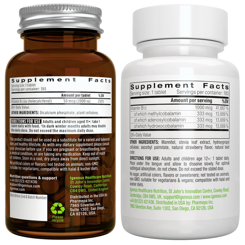 Daily Vitamin D3 + Super B12-Complex, Vegetarian Bundle, 365 2000iu Vitamin D3 Tablets + High Absorption Sublingual B12, by Igennus